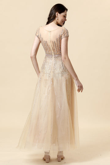 A Line Round Neck Golden Beaded Floor Length Ball Dress